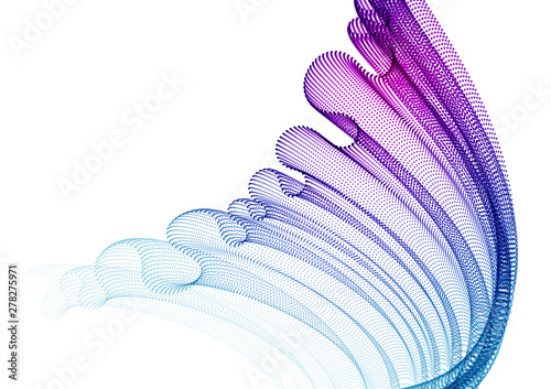 Dynamic particles sound wave flowing, transparent tulle textile on wind. Dotted curves vector abstract background. Beautiful 3d wave shaped array of blended points.