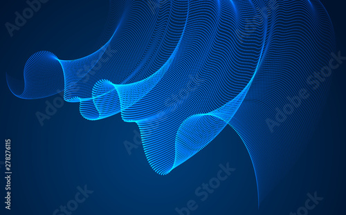 Wave of flowing magic particles over dark relaxing illustration, transparent tulle textile on wind. Round dots vector abstract background. Beautiful wave shaped array of blended points.