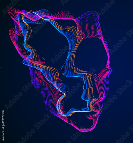 Digital soul of machine, Artificial Intelligence software visualization of human head made of dotted particles flowing wave lines array. Technical era period of evolution.