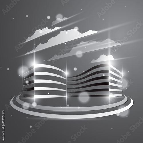 Office building, modern architecture vector illustration with blurred lights and glares effect. Real estate realty business center grey monochrome design. 3D futuristic facade in big city.