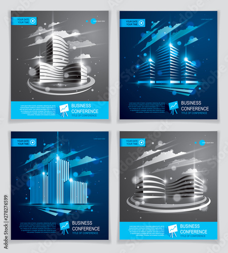 Futuristic buildings ads set, modern vector architecture brochures with blurred lights effect. Real estate realty business center blue designs. 3D futuristic facade business conference templates.