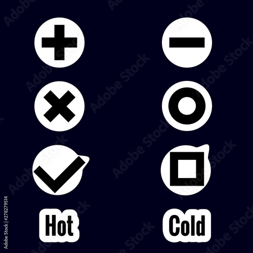 Set stickers of symbols in flat style on dark background. Symbols plus and minus, tic tac toe, cold and hot, agree and disagree. Vector illustration.