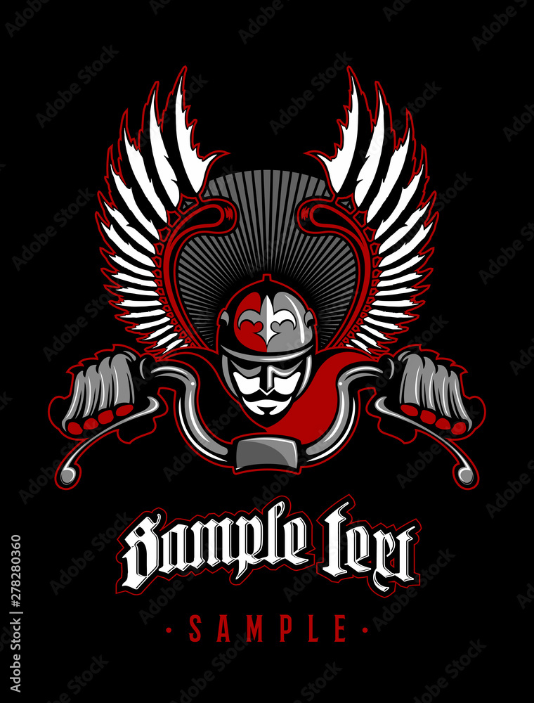 Winged warrior, riding on motorbike, motorcycle racer, motorcycle vector logo.