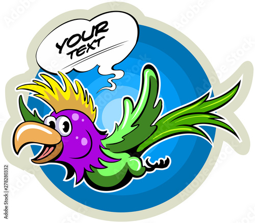 Cartoon style parrot with the comics text box.