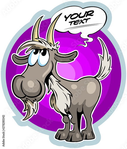 Cartoon style goat with the comics text box.