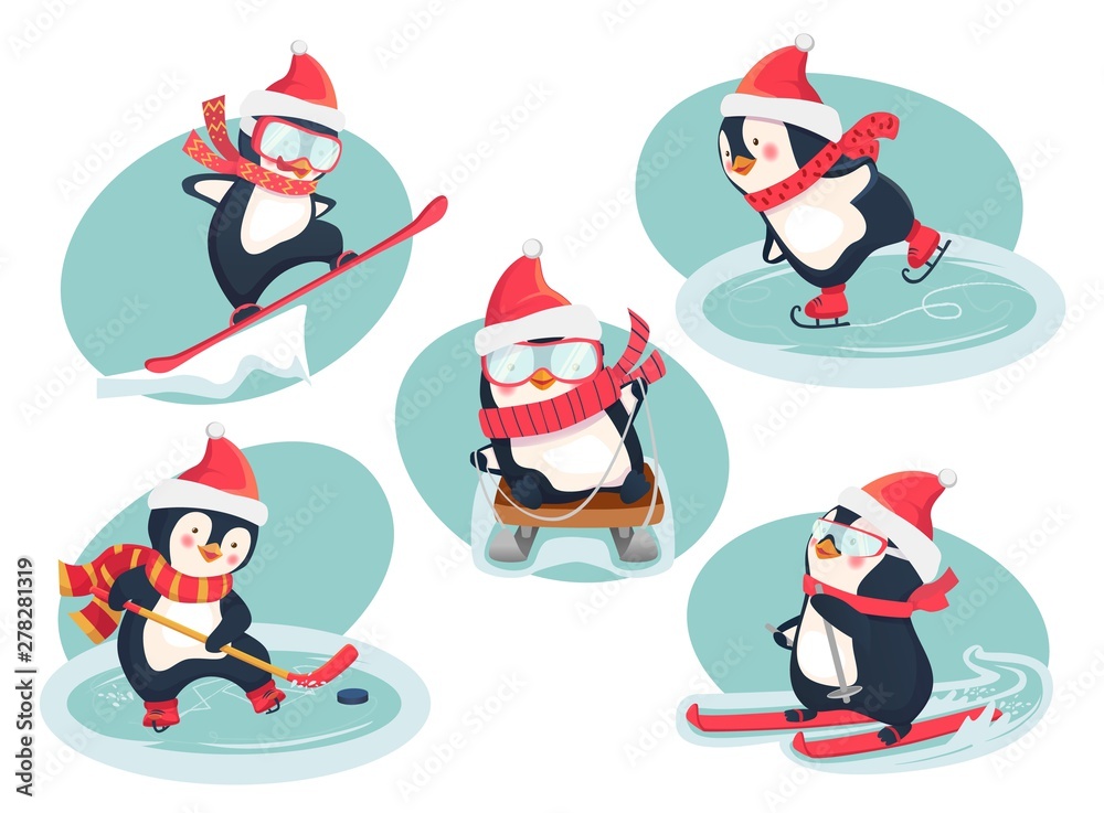 Fototapeta premium active penguins in winter concept