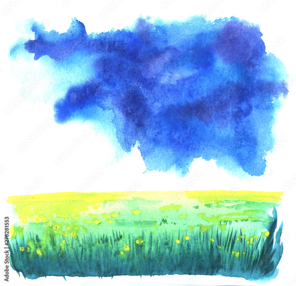 Abstract watercolor landscape background. Blurred yellow spots of flowers on green field with dark green lines of grass beneath colorful cloudscape. Brush stroke illustration on paper texture.