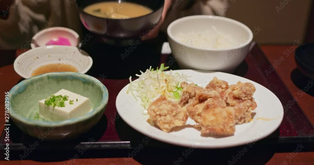 Japanese restaurant dinner meal with grilled chicken and rice Japanese restaurant dinner meal with grilled chicken and rice