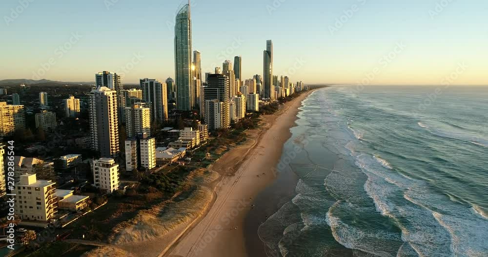 Long forward flying along waterfront of Surfers paradise high-rise ...