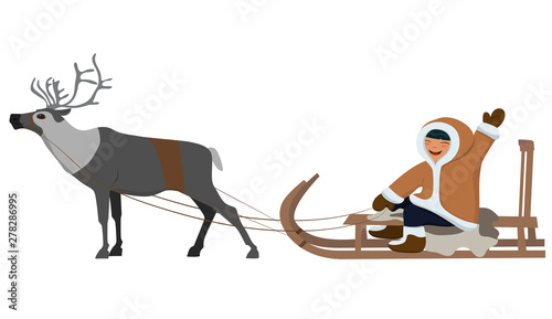 Eskimo on deer sledding. Isolated image on white background. Vector graphics.
