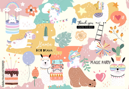 Colorful hand drawn cute card with llama, rainbow,unicorn,bear,teddy,cake.No drama llama
