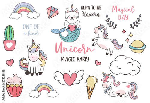Fototapeta Naklejka Na Ścianę i Meble -  pastel unicorn set with unicorn,ice cream,cactus,caticorn,wreath illustration for sticker,postcad,birthday invitation