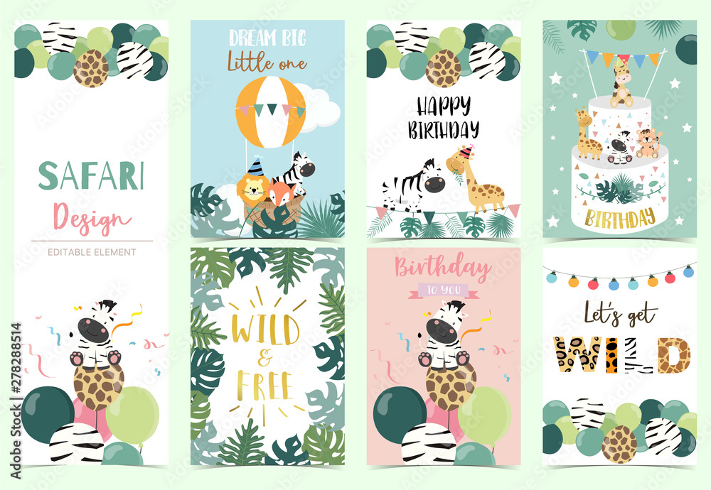 Fototapeta premium Collection of safari background set with giraffe,balloon,zebra,lion.Editable vector illustration for birthday invitation,postcard and sticker.Wording include wild and free