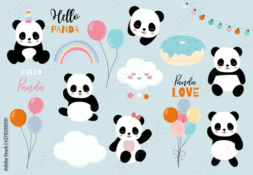 Fototapeta Pastelowa panda zestaw z pandakornem, tęczą, balonem, sercem na naklejkę, pocztówką, zaproszeniem na urodziny