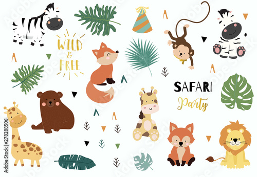 Fototapeta Naklejka Na Ścianę i Meble -  Safari object set with fox,giraffe,zebra,bear,monkey,leaves. illustration for sticker,postcard,birthday invitation.Editable element
