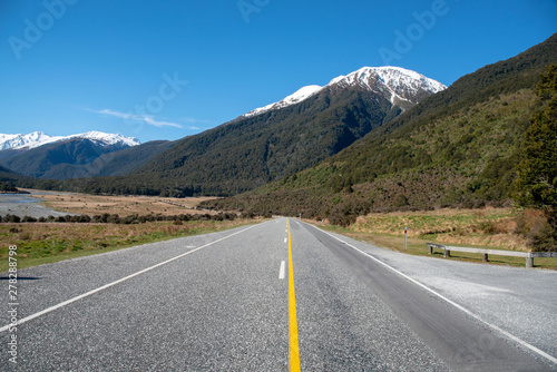 Straight ahead on the highway through theSouthern Alps