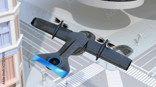 E-VTOL passenger aircraft landing to airport in the city. Solar panel mounted on the wings. Urban Passenger Mobility concept. 3D rendering animation.