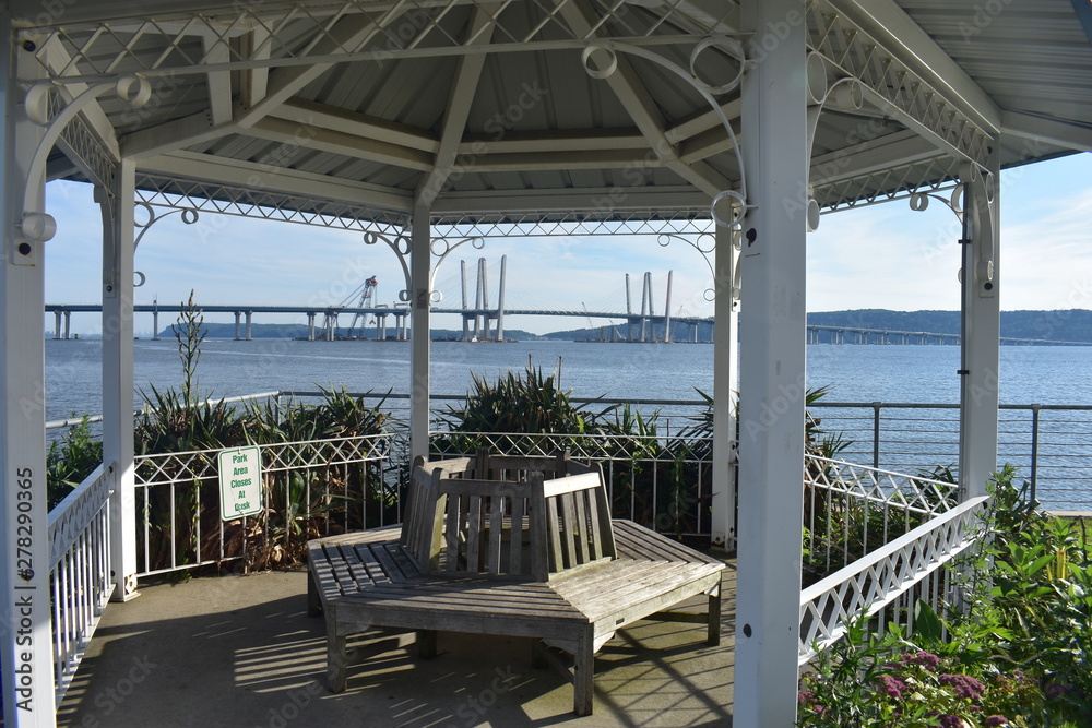 Cute little gazebo overlooking the new Tappan Zee Bridge, also known as the Mario Cuomo Bridge, and the Hudson River -01