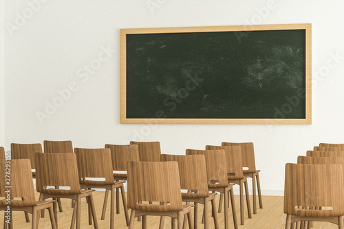 A classroom with chairs inside and a blackboard in the front of the room, 3d rendering.