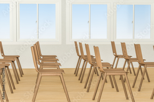 A classroom with chairs inside, 3d rendering.