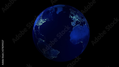 The night half of the Earth from space showing North and South America, Europe and Africa.