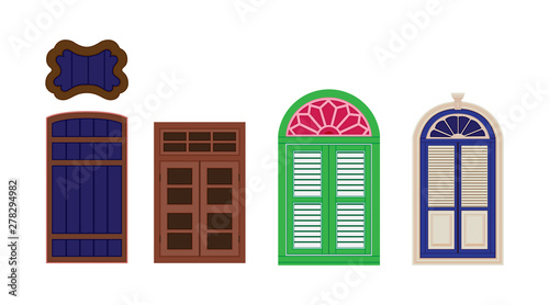 A classic doors and windows set. Chinese home styles, vector illustration, Sino-Portuguese style