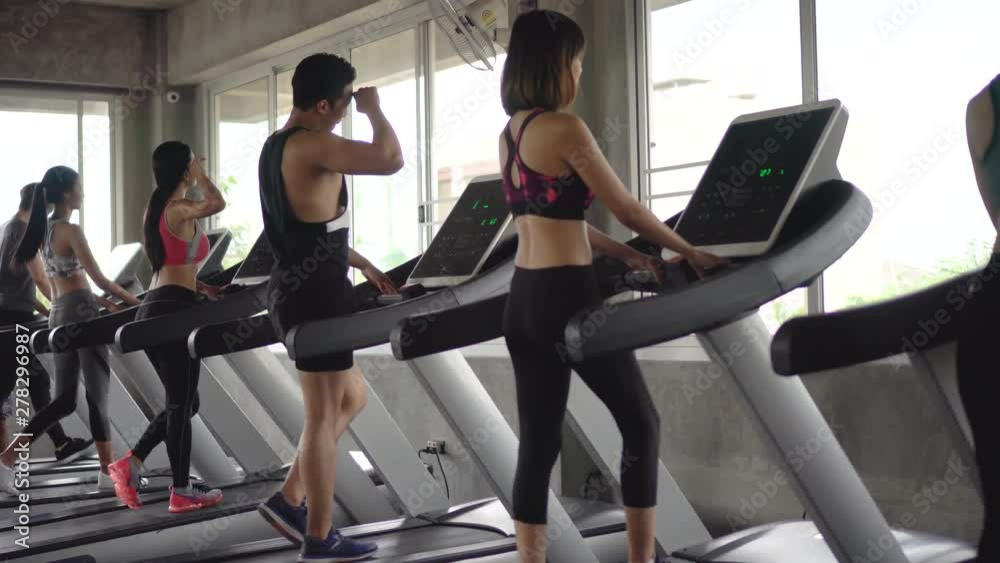 group of young people running on treadmills in sport gym .fitness woman runner on running machine . workout . man . rear back view . training . exercise . group of young people running on treadmills in sport gym .fitness woman runner on running machine . workout . man . rear back view . training . exercise .