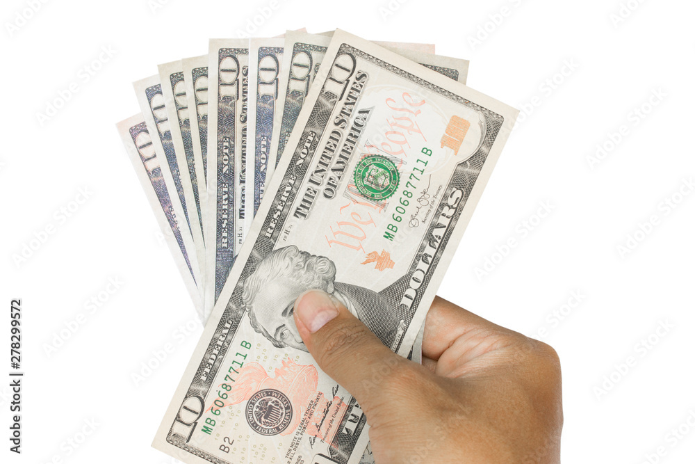 hand holding 10 dollar bills isolated on white background hand holding 10 dollar bills isolated on white background