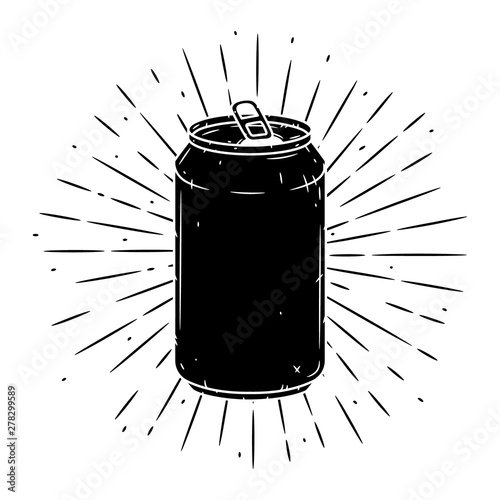 Aluminum can. Hand drawn vector illustration with Aluminum can and divergent rays. Used for poster, banner, web, t-shirt print, bag print, badges, flyer, logo design and more.