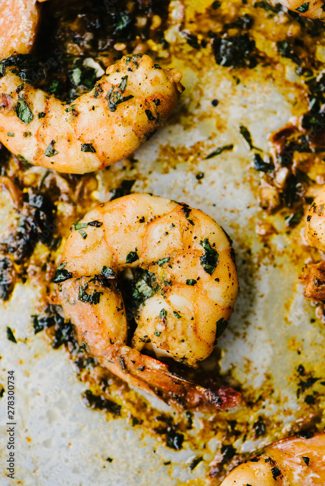 Closeup of spicy shrimp on a baking sheet Closeup of spicy shrimp on a baking sheet
