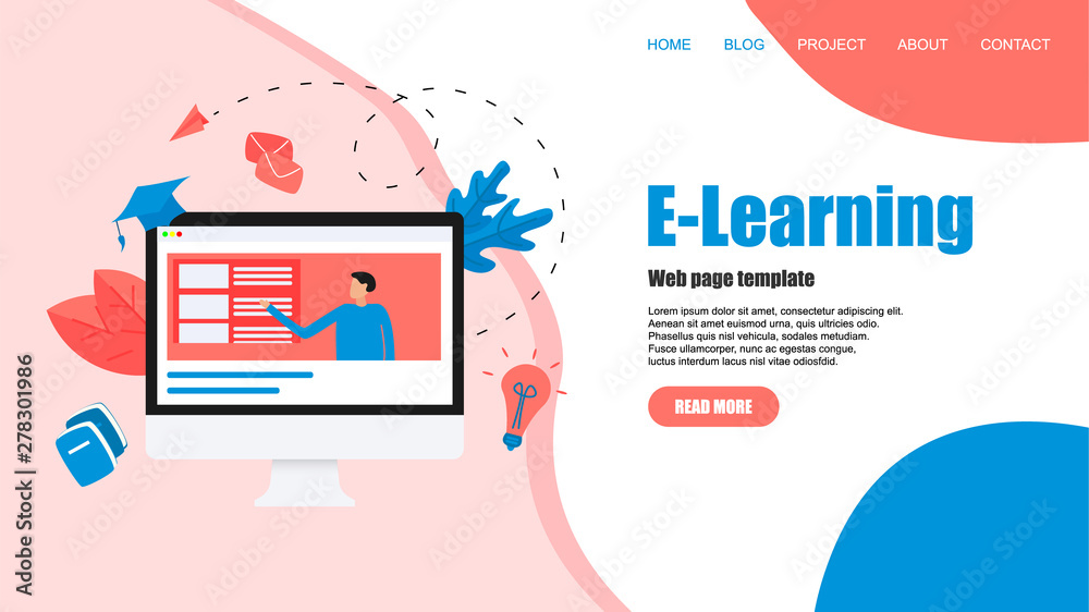 Webpage template with Online education or web course with distance teacher. E-learning concept Webpage template with Online education or web course with distance teacher. E-learning concept