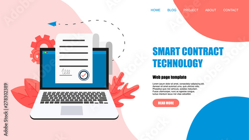 Web template. Online electronic smart contract document, paper document, signature on computer screen. vector illustration. Business concept	