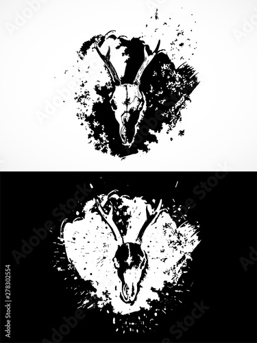 Vector illustration with roe deer skulls. Two variants: black and white silhouettes with grunge texture and spots.
