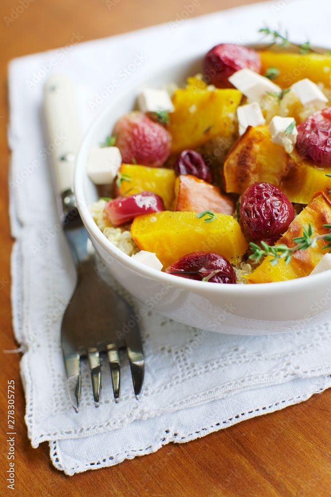 Roasted Pumpkin Salad with Quiona, Roasted Red Grapes and Vegan Cheese Roasted Pumpkin Salad with Quiona, Roasted Red Grapes and Vegan Cheese