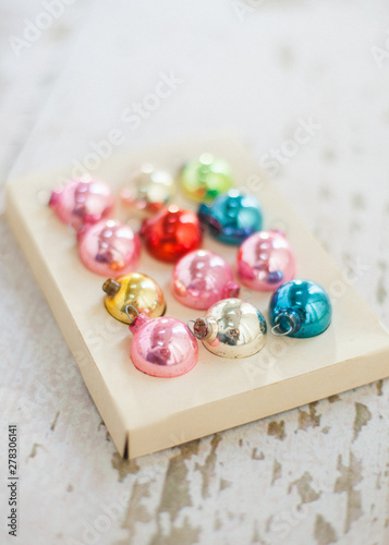 Small box of mini antique glass Christmas ornaments