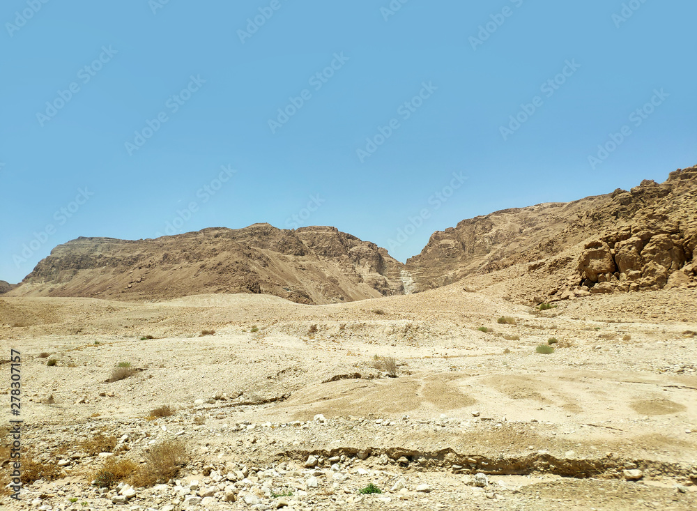 Desert landscape with rocks, hills and mountains