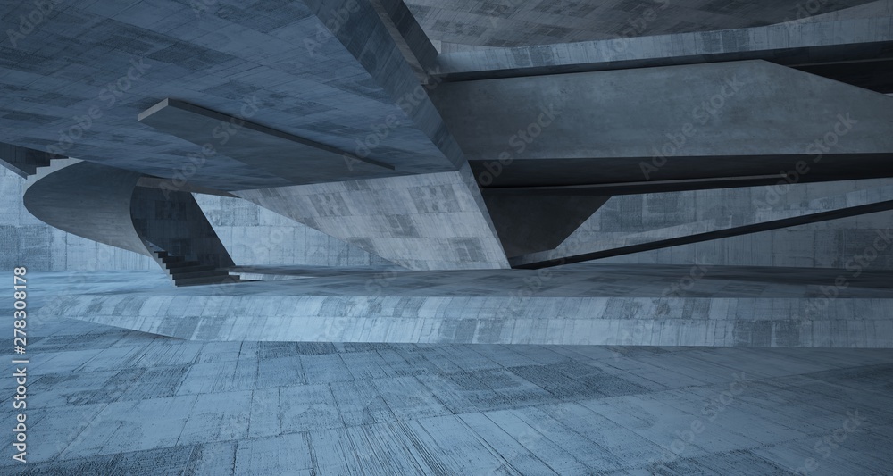Fototapeta premium Streszczenie wnętrze z betonu architektonicznego minimalistycznego domu. Ilustracja i renderowanie 3D.