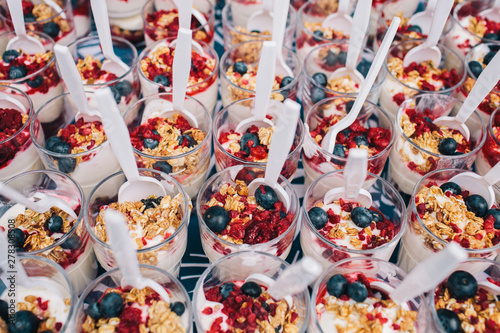 Breakfast yoghurt, granola and berry fruit snacks photo