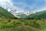 View of a mountain valley with a glacier in the distance, Georgia, Svaneti