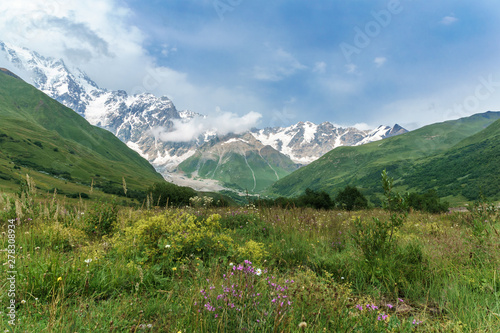 View of a mountain valley with a glacier in the distance, Georgia, Svaneti