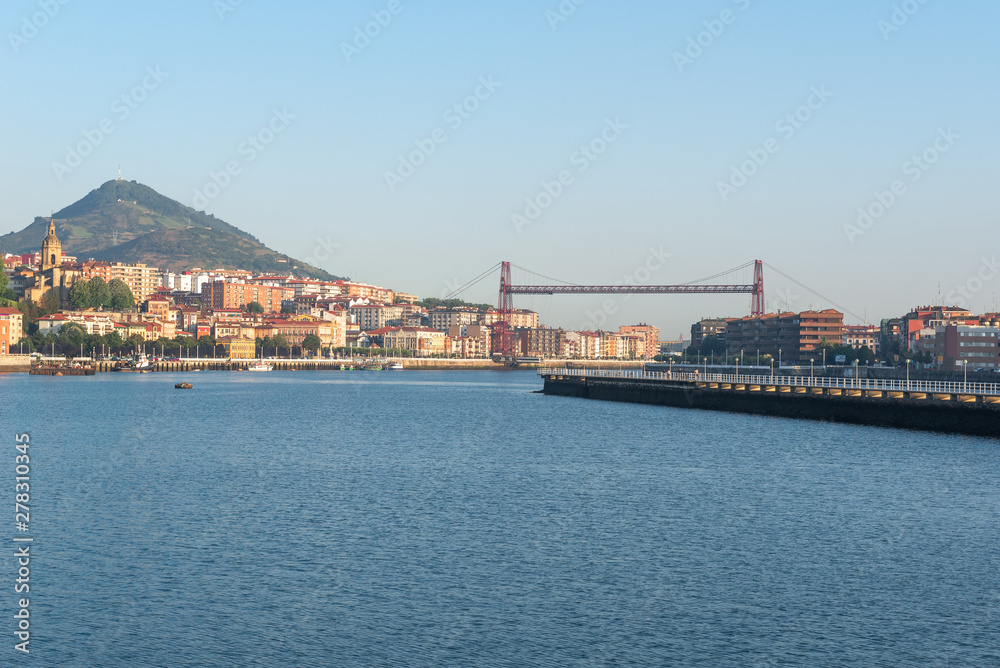 Panorama of Portugalete and Getxo with Hanging Bridge of Bizkaia from La Benedicta pier, Basque Country, Spain