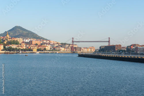 Panorama of Portugalete and Getxo with Hanging Bridge of Bizkaia from La Benedicta pier, Basque Country, Spain
