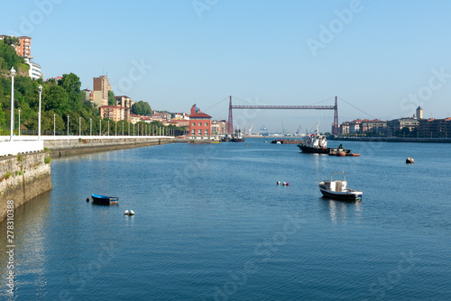 Panorama of Portugalete and Getxo with Hanging Bridge of Bizkaia, Basque Country, Spain