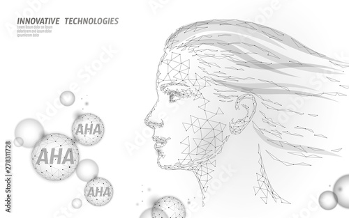 Fruit acid beauty salon peeling. Female face AHA glycolic lactic acids exfoliant anti-aging rejuvenation facial serum. Medical health skin treatment low poly polygonal sphere vector illustration