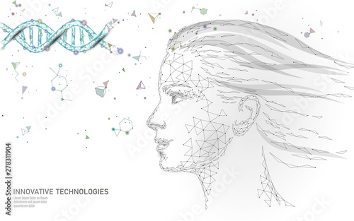 DNA molecule treatment cosmetic essence 3D. Low poly female face polygonal medical beauty care. Medicine gene helix structure vitamin anti-aging serum vector illustration
