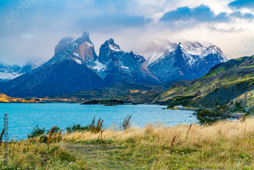 Beautiful foggy Cuernos del Paine Mountain in the evening