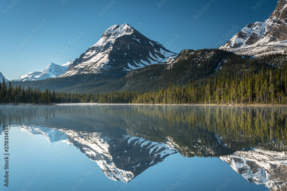Fog stillness and reflection. Sunrise at Bow Lake. Rockies. Canada Fog stillness and reflection. Sunrise at Bow Lake. Rockies. Canada
