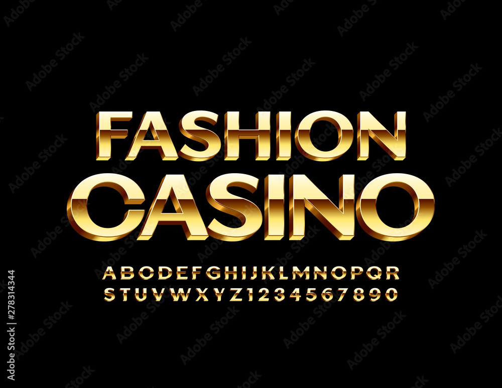 Vector premium logo Fashion Casino with 3D Golden Font. Uppercase elite Alphabet. Luxury Letters and Numbers set