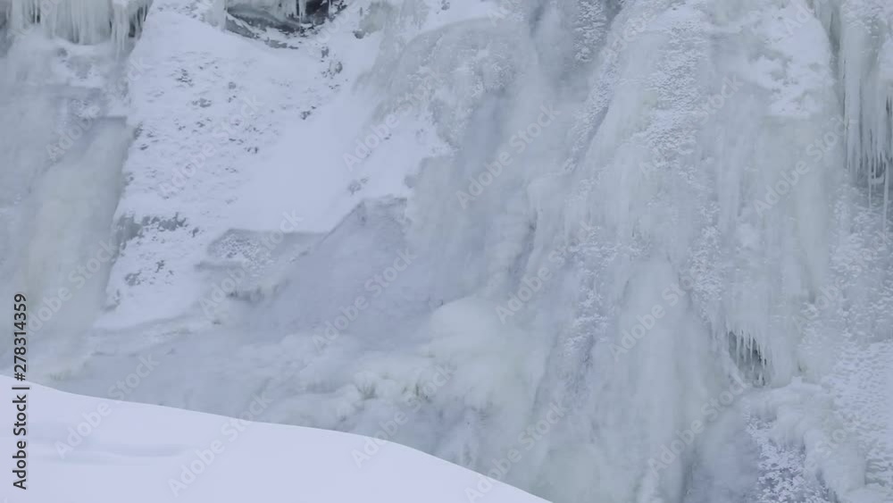 Close up, waterfall cascades in winter landscape Close up, waterfall cascades in winter landscape