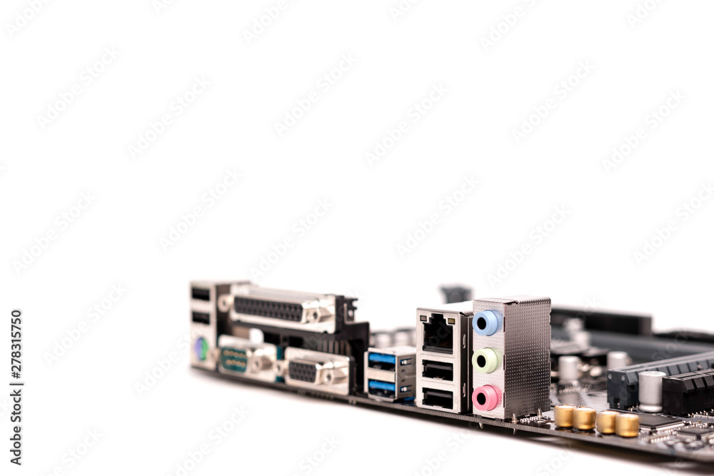 Motherboard for personal computer and connector, socket, port, jack on white background. Motherboard for personal computer and connector, socket, port, jack on white background.